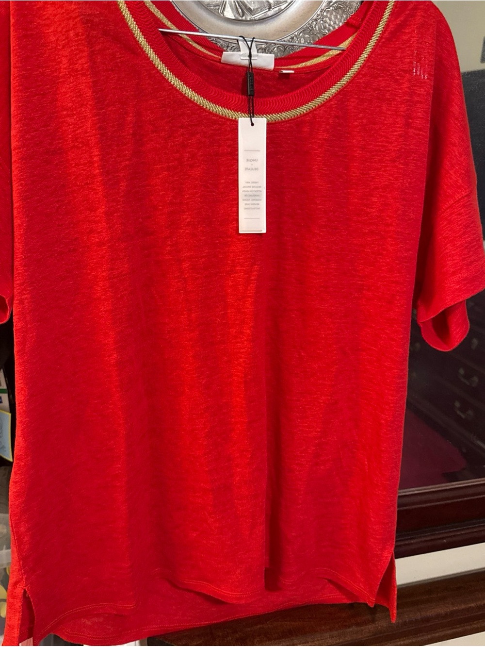 New Women's Sweater Trim Linen Tee in Red Glow Short Sleeve Chicos Sizing 2